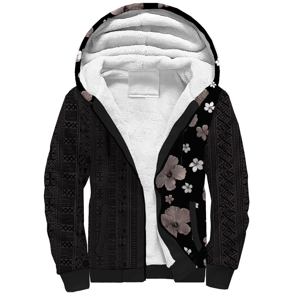 Hawaii Hibiscus and Plumeria Flowers Sherpa Hoodie Tapa Tribal Pattern Half Style Grayscale Mode