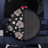 Hawaii Hibiscus and Plumeria Flowers Spare Tire Cover Tapa Tribal Pattern Half Style Grayscale Mode