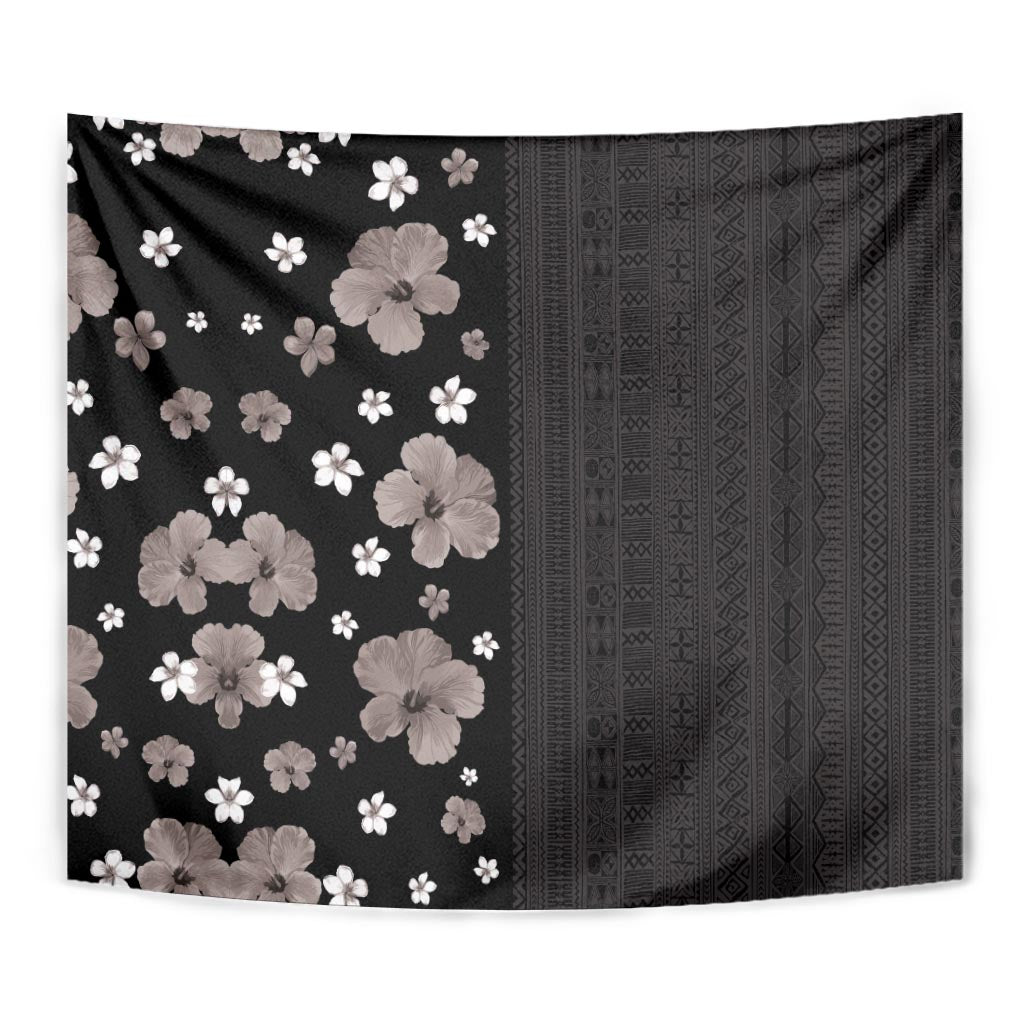 Hawaii Hibiscus and Plumeria Flowers Tapestry Tapa Tribal Pattern Half Style Grayscale Mode