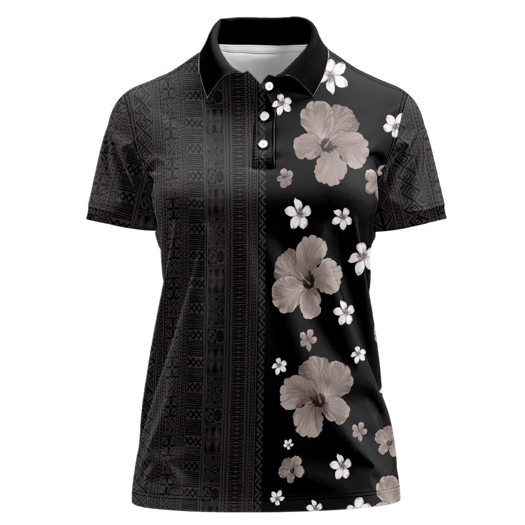 Hawaii Hibiscus and Plumeria Flowers Women Polo Shirt Tapa Tribal Pattern Half Style Grayscale Mode