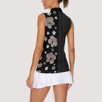 Hawaii Hibiscus and Plumeria Flowers Women Sleeveless Polo Shirt Tapa Tribal Pattern Half Style Grayscale Mode LT03 - Polynesian Pride