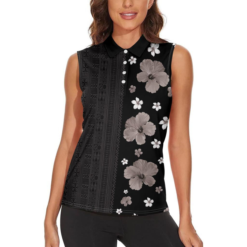 Hawaii Hibiscus and Plumeria Flowers Women Sleeveless Polo Shirt Tapa Tribal Pattern Half Style Grayscale Mode LT03 - Polynesian Pride