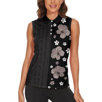 Hawaii Hibiscus and Plumeria Flowers Women Sleeveless Polo Shirt Tapa Tribal Pattern Half Style Grayscale Mode LT03 - Polynesian Pride