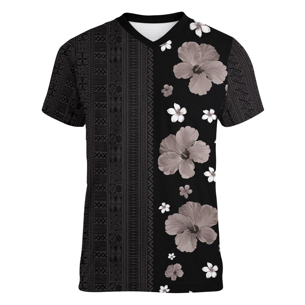 Hawaii Hibiscus and Plumeria Flowers Women V-Neck T-Shirt Tapa Tribal Pattern Half Style Grayscale Mode LT03 Female Black - Polynesian Pride