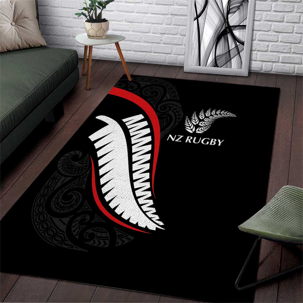 New Zealand Rugby Area Rug Sporty Silver Fern Shape with Maori Tattoos LT03 Black - Polynesian Pride