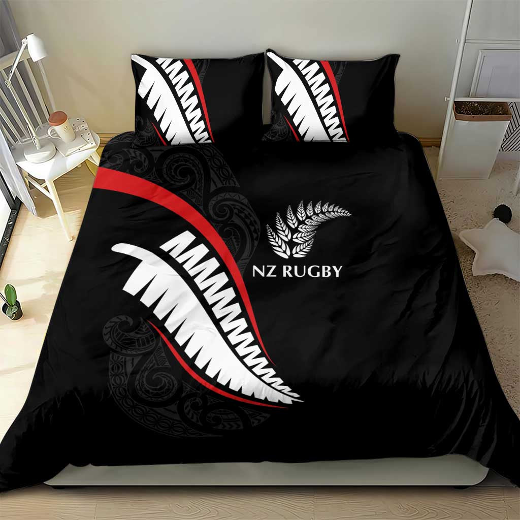 New Zealand Rugby Bedding Set Sporty Silver Fern Shape with Maori Tattoos - Polynesian Pride