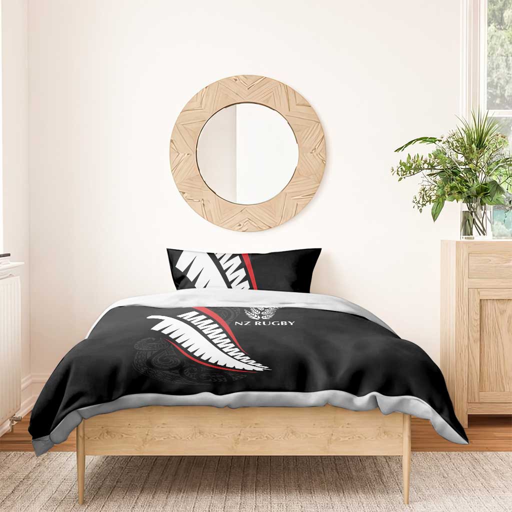 New Zealand Rugby Bedding Set Sporty Silver Fern Shape with Maori Tattoos - Polynesian Pride