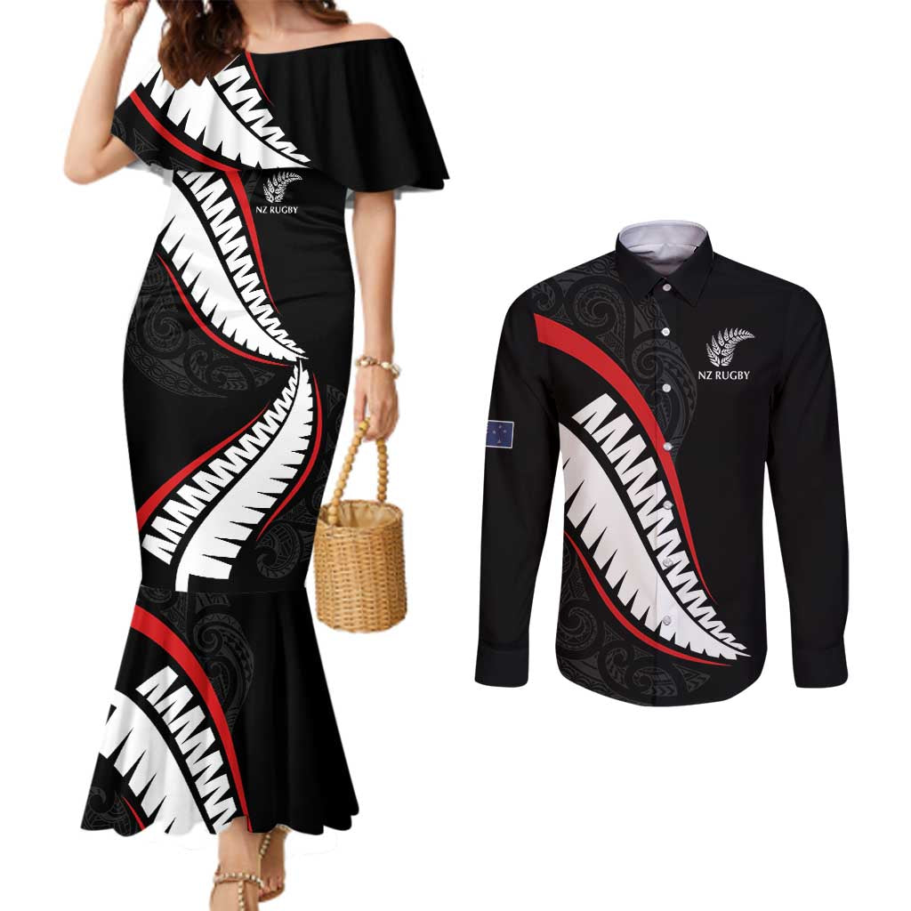 New Zealand Rugby Custom Couples Matching Mermaid Dress and Long Sleeve Button Shirt Sporty Silver Fern Shape with Maori Tattoos - Polynesian Pride