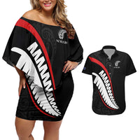 New Zealand Rugby Custom Couples Matching Off Shoulder Short Dress and Hawaiian Shirt Sporty Silver Fern Shape with Maori Tattoos - Polynesian Pride
