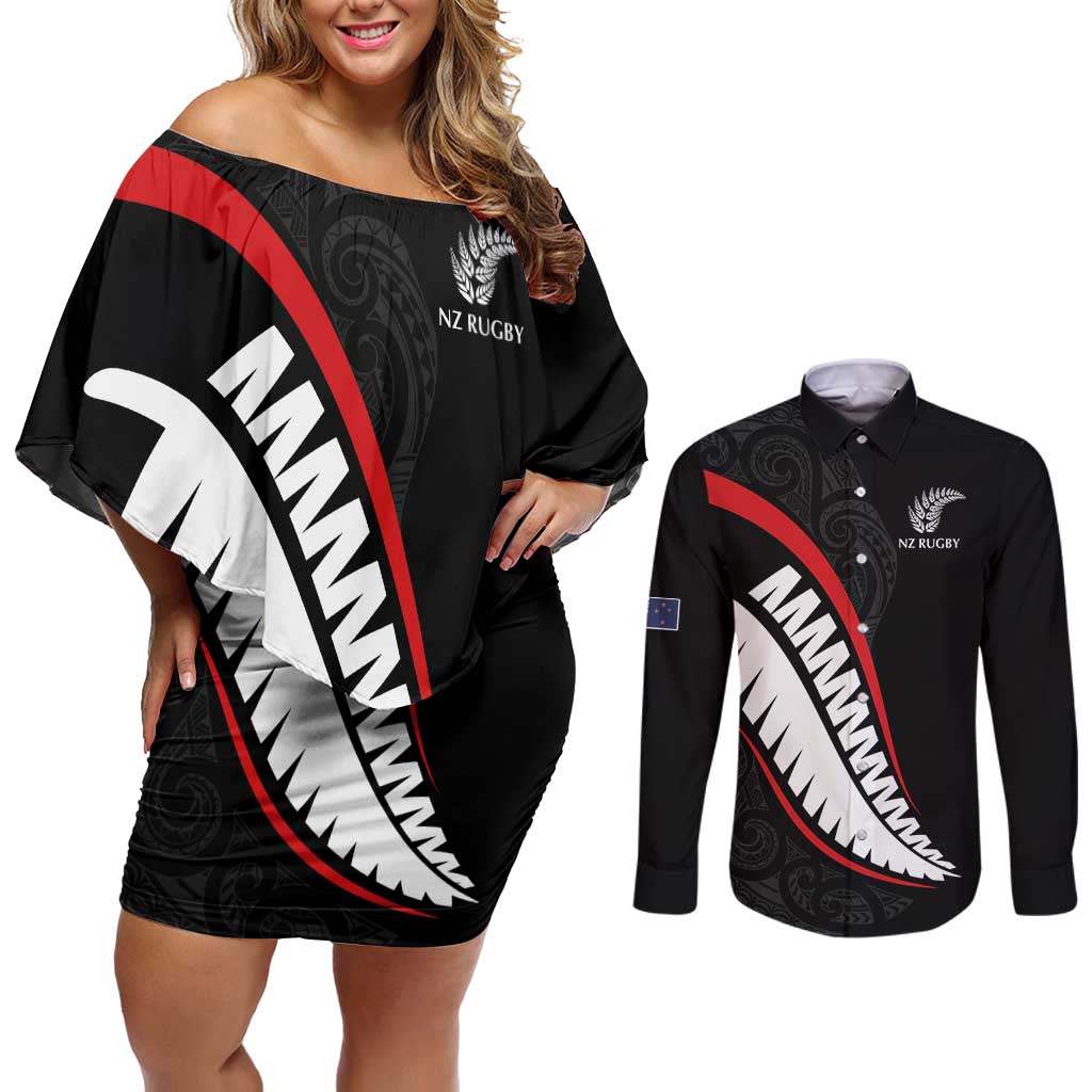 New Zealand Rugby Custom Couples Matching Off Shoulder Short Dress and Long Sleeve Button Shirt Sporty Silver Fern Shape with Maori Tattoos - Polynesian Pride