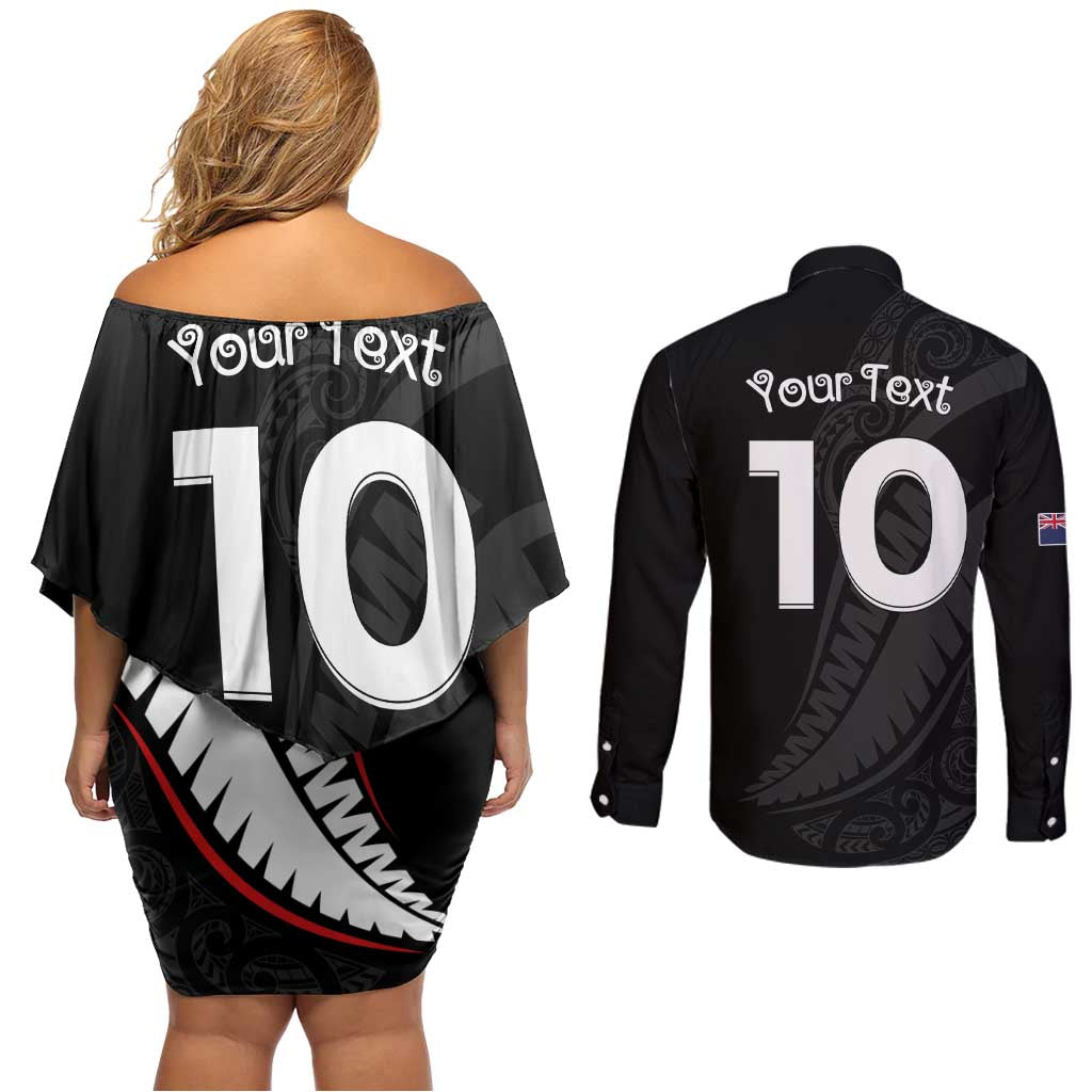 New Zealand Rugby Custom Couples Matching Off Shoulder Short Dress and Long Sleeve Button Shirt Sporty Silver Fern Shape with Maori Tattoos - Polynesian Pride
