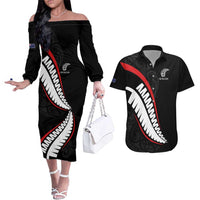 New Zealand Rugby Custom Couples Matching Off The Shoulder Long Sleeve Dress and Hawaiian Shirt Sporty Silver Fern Shape with Maori Tattoos - Polynesian Pride