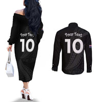 New Zealand Rugby Custom Couples Matching Off The Shoulder Long Sleeve Dress and Long Sleeve Button Shirt Sporty Silver Fern Shape with Maori Tattoos - Polynesian Pride
