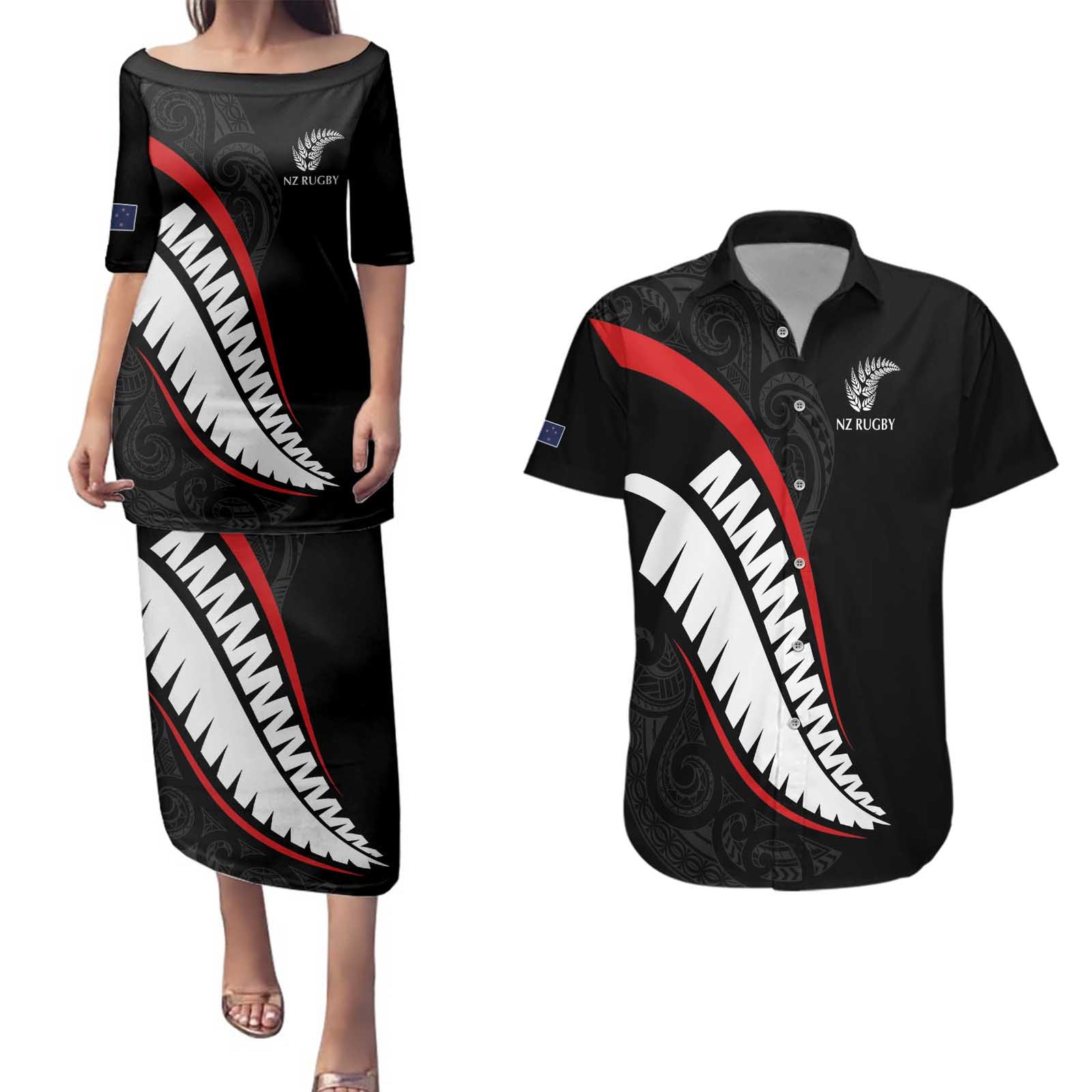 New Zealand Rugby Custom Couples Matching Puletasi and Hawaiian Shirt Sporty Silver Fern Shape with Maori Tattoos - Polynesian Pride