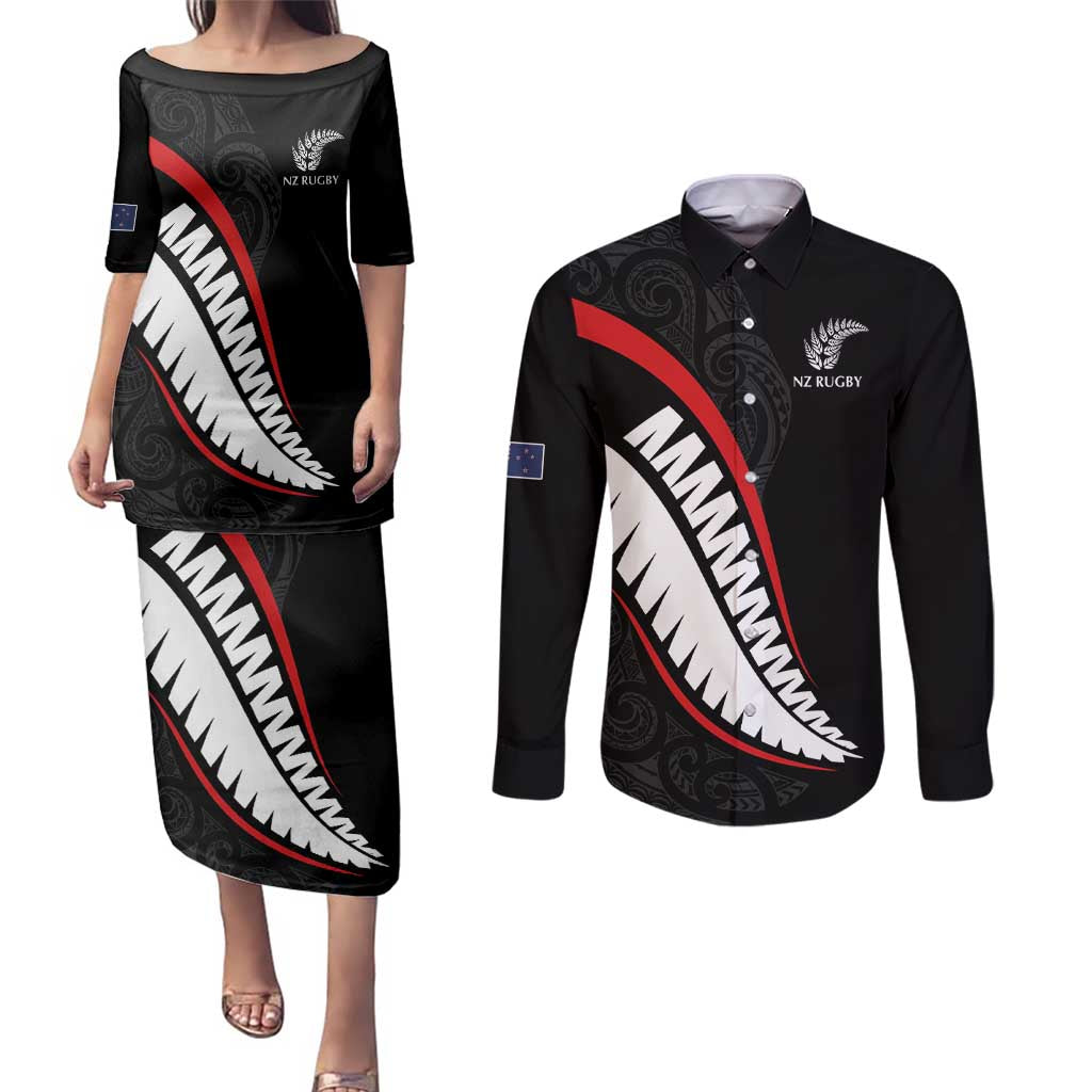 New Zealand Rugby Custom Couples Matching Puletasi and Long Sleeve Button Shirt Sporty Silver Fern Shape with Maori Tattoos - Polynesian Pride