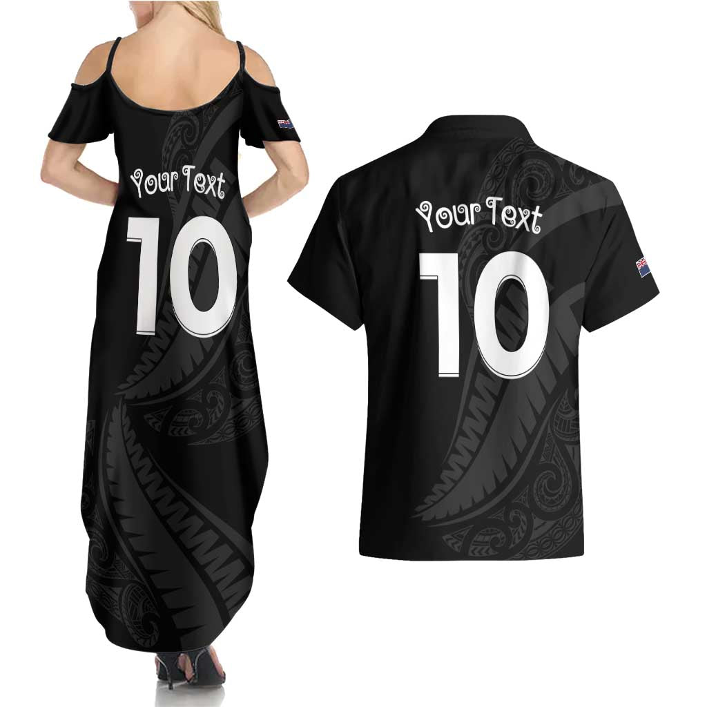 New Zealand Rugby Custom Couples Matching Summer Maxi Dress and Hawaiian Shirt Sporty Silver Fern Shape with Maori Tattoos - Polynesian Pride