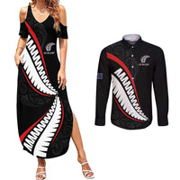 New Zealand Rugby Custom Couples Matching Summer Maxi Dress and Long Sleeve Button Shirt Sporty Silver Fern Shape with Maori Tattoos - Polynesian Pride