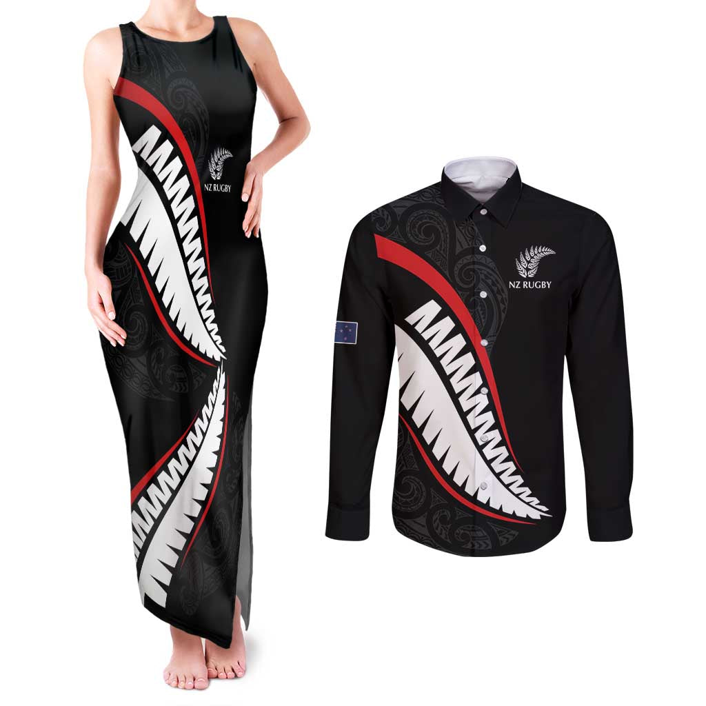 New Zealand Rugby Custom Couples Matching Tank Maxi Dress and Long Sleeve Button Shirt Sporty Silver Fern Shape with Maori Tattoos - Polynesian Pride