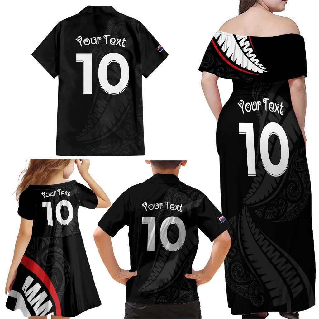 New Zealand Rugby Custom Family Matching Off Shoulder Maxi Dress and Hawaiian Shirt Sporty Silver Fern Shape with Maori Tattoos - Polynesian Pride