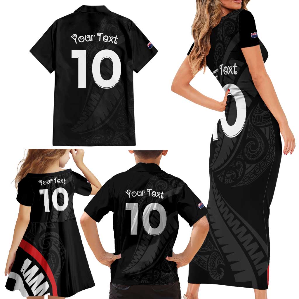 New Zealand Rugby Custom Family Matching Short Sleeve Bodycon Dress and Hawaiian Shirt Sporty Silver Fern Shape with Maori Tattoos - Polynesian Pride