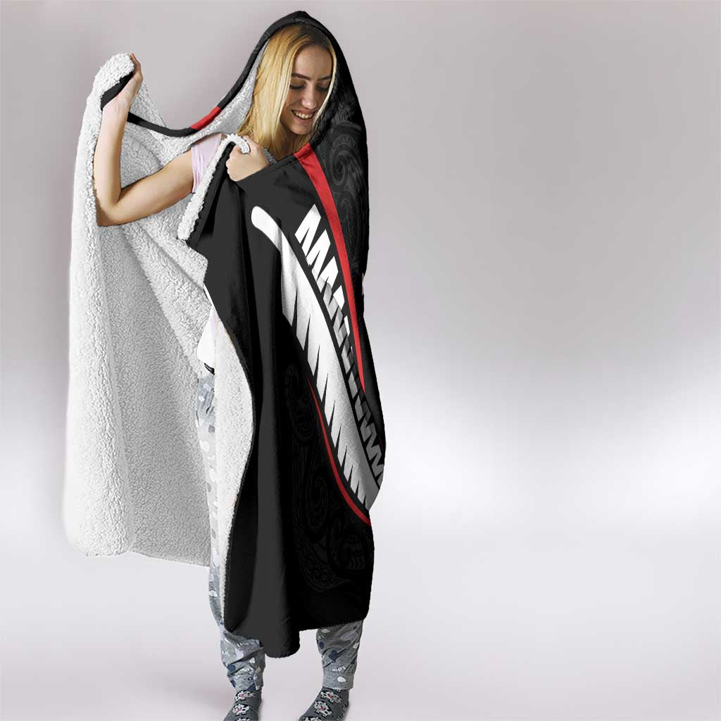 New Zealand Rugby Hooded Blanket Sporty Silver Fern Shape with Maori Tattoos - Polynesian Pride