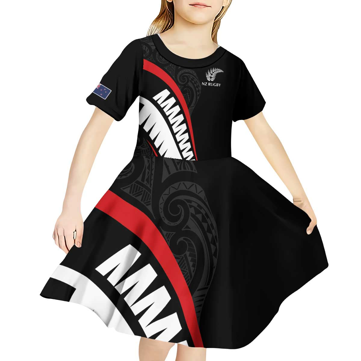 New Zealand Rugby Custom Kid Short Sleeve Dress Sporty Silver Fern Shape with Maori Tattoos - Polynesian Pride