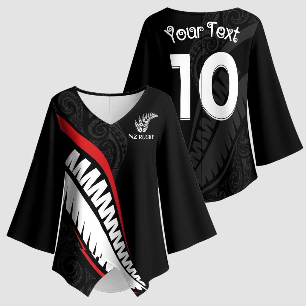 New Zealand Rugby Custom Kimono Sleeve Blouse Sporty Silver Fern Shape with Maori Tattoos - Polynesian Pride