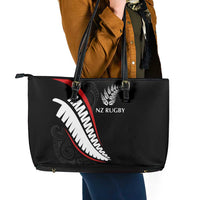New Zealand Rugby Leather Tote Bag Sporty Silver Fern Shape with Maori Tattoos - Polynesian Pride
