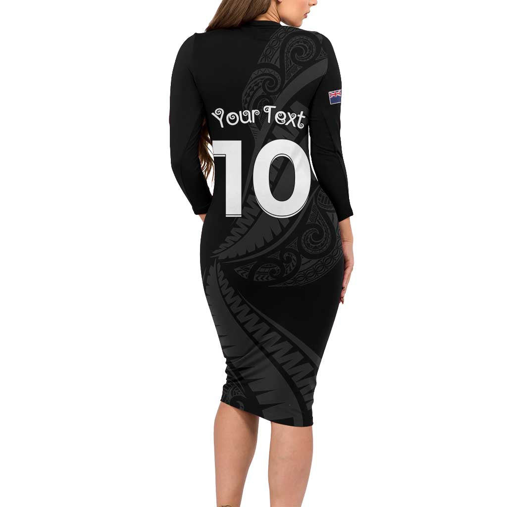 New Zealand Rugby Custom Long Sleeve Bodycon Dress Sporty Silver Fern Shape with Maori Tattoos - Polynesian Pride