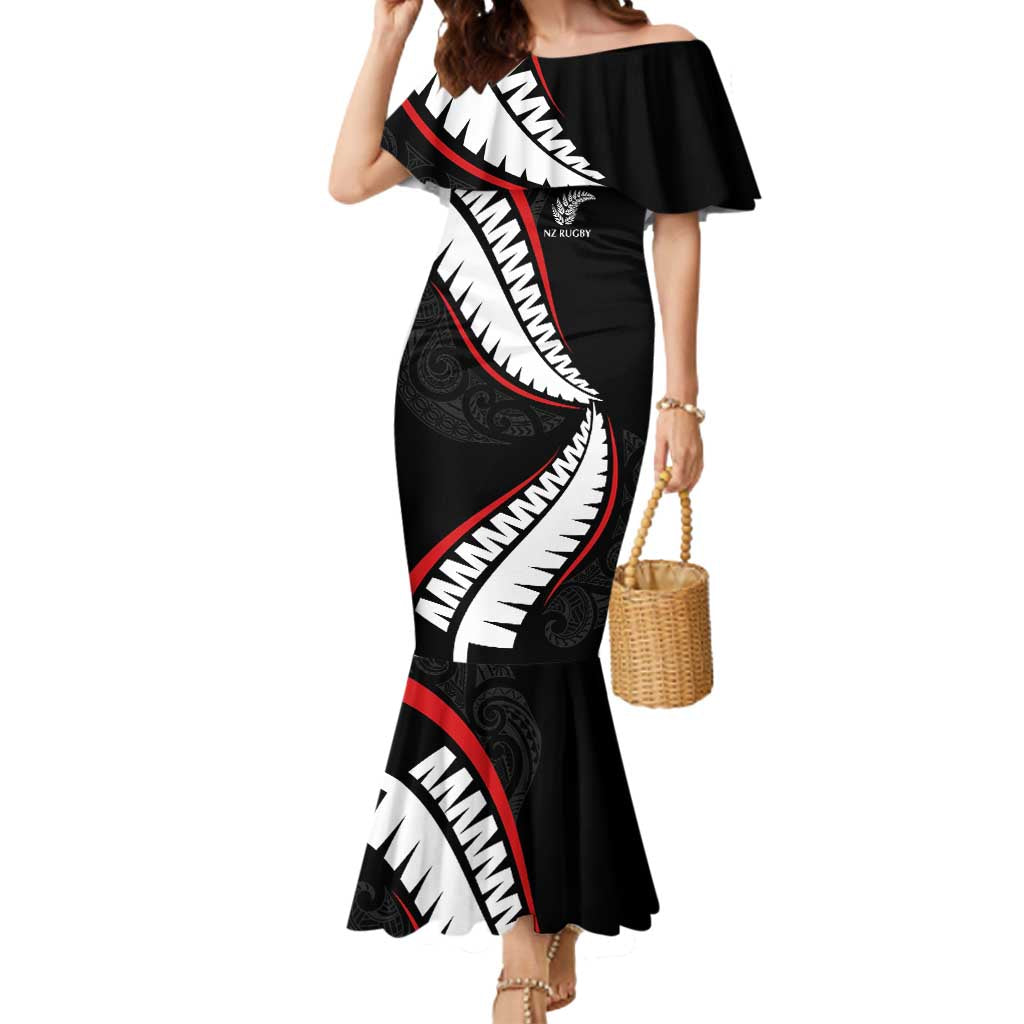 New Zealand Rugby Custom Mermaid Dress Sporty Silver Fern Shape with Maori Tattoos - Polynesian Pride