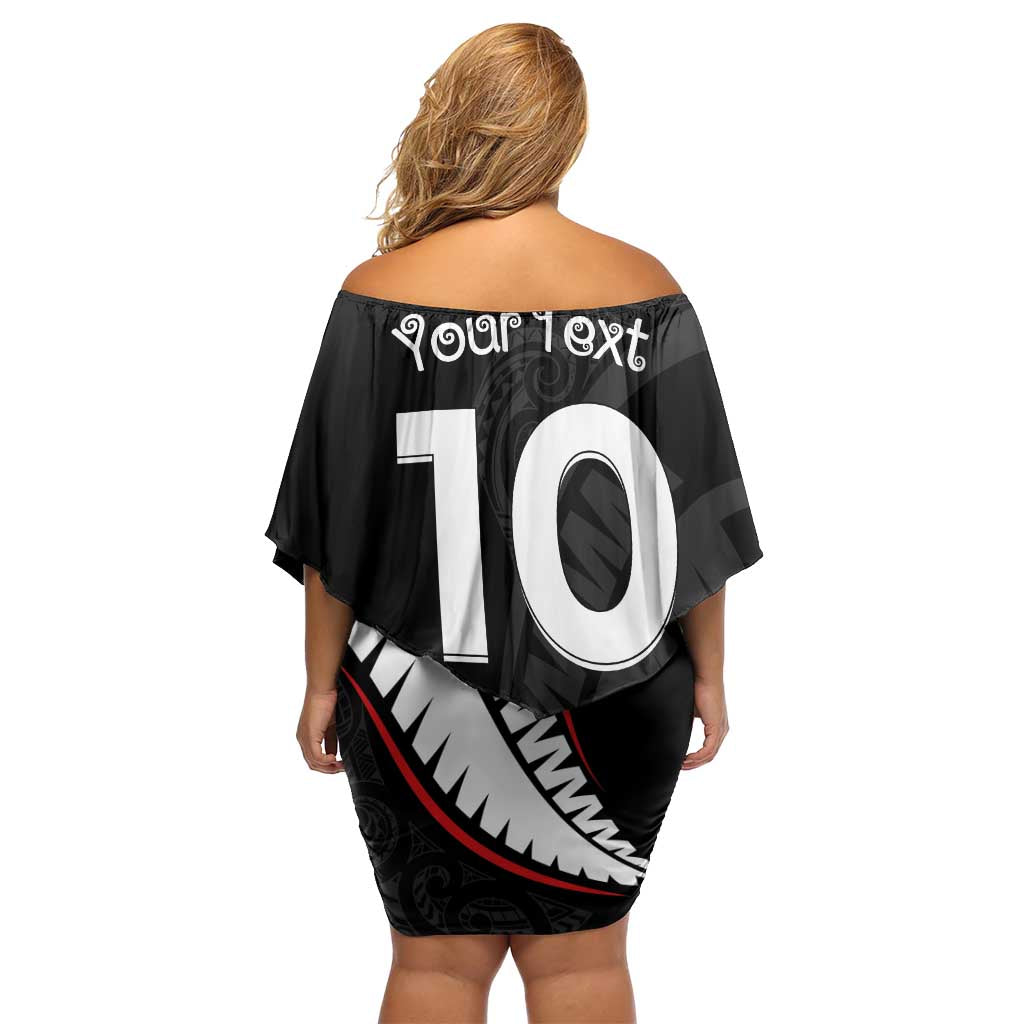 New Zealand Rugby Custom Off Shoulder Short Dress Sporty Silver Fern Shape with Maori Tattoos - Polynesian Pride