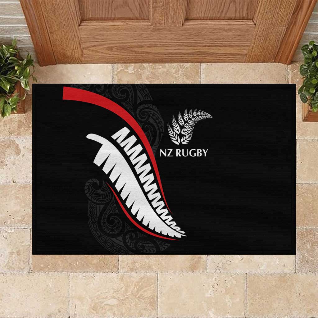 New Zealand Rugby Rubber Doormat Sporty Silver Fern Shape with Maori Tattoos LT03 Black - Polynesian Pride