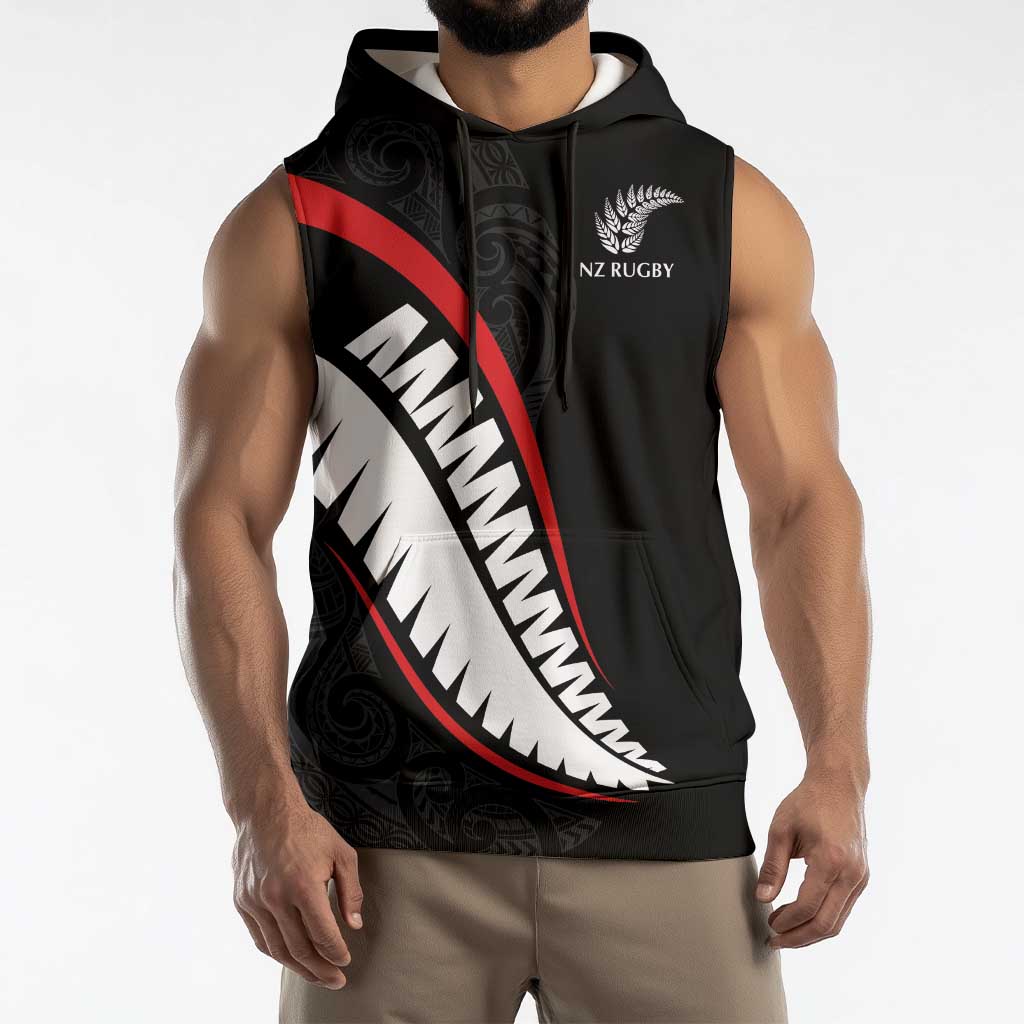 New Zealand Rugby Custom Sleeveless Hoodie Sporty Silver Fern Shape with Maori Tattoos - Polynesian Pride