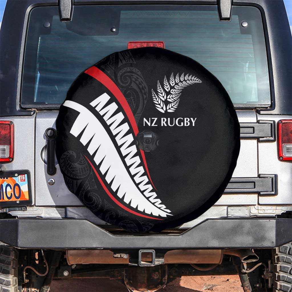 New Zealand Rugby Spare Tire Cover Sporty Silver Fern Shape with Maori Tattoos - Polynesian Pride