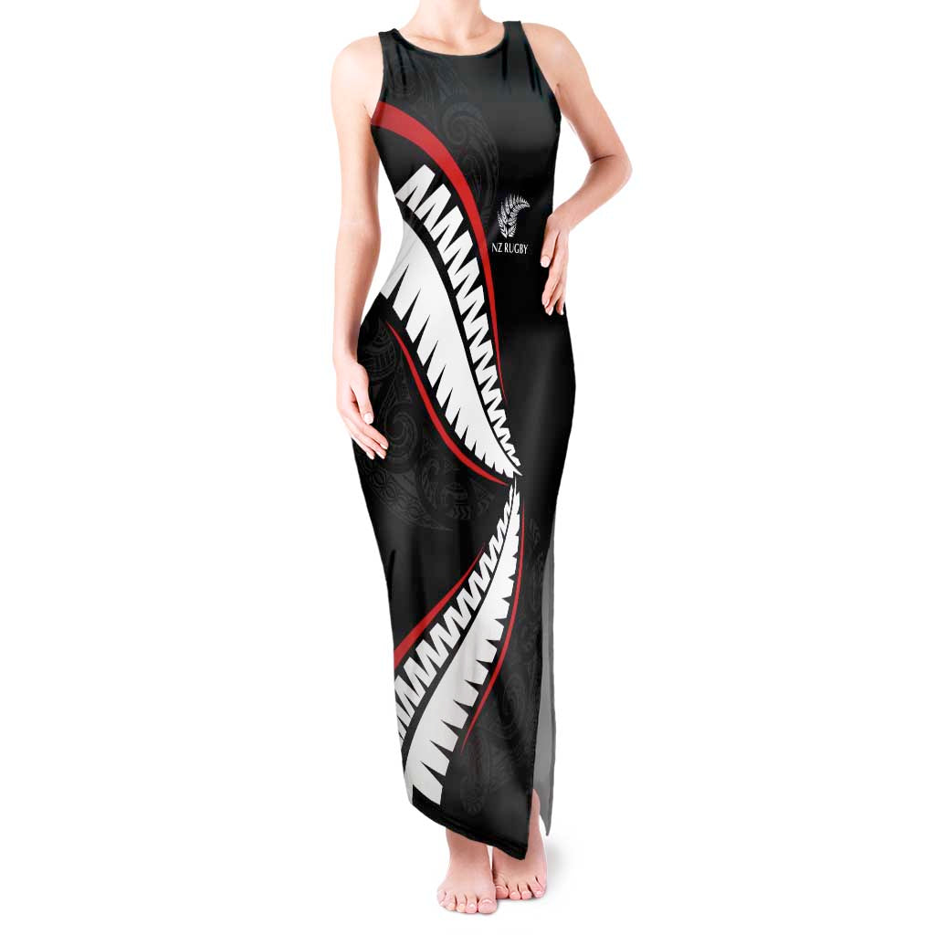 New Zealand Rugby Custom Tank Maxi Dress Sporty Silver Fern Shape with Maori Tattoos - Polynesian Pride