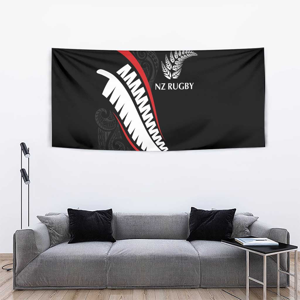 New Zealand Rugby Tapestry Sporty Silver Fern Shape with Maori Tattoos - Polynesian Pride