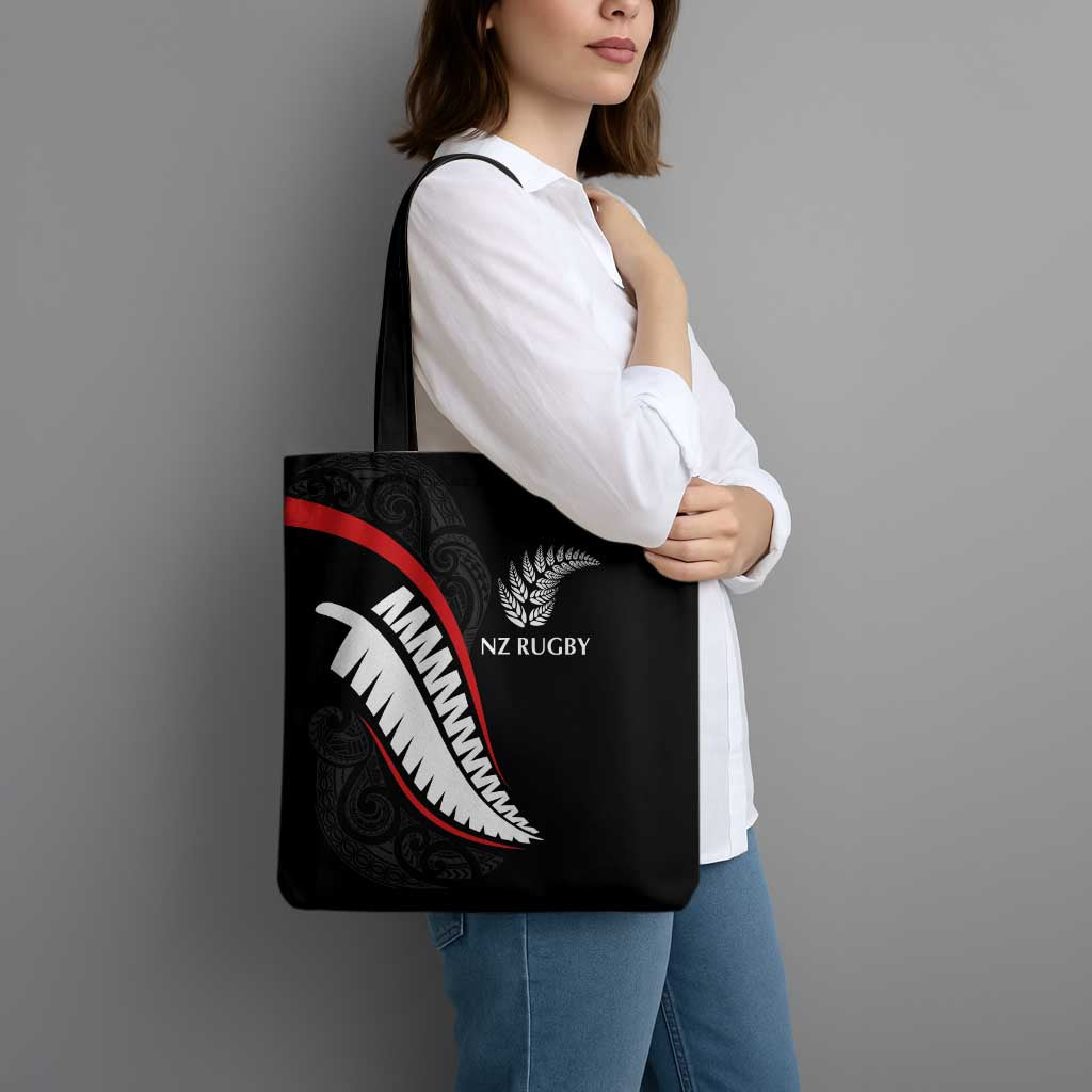 New Zealand Rugby Tote Bag Sporty Silver Fern Shape with Maori Tattoos - Polynesian Pride