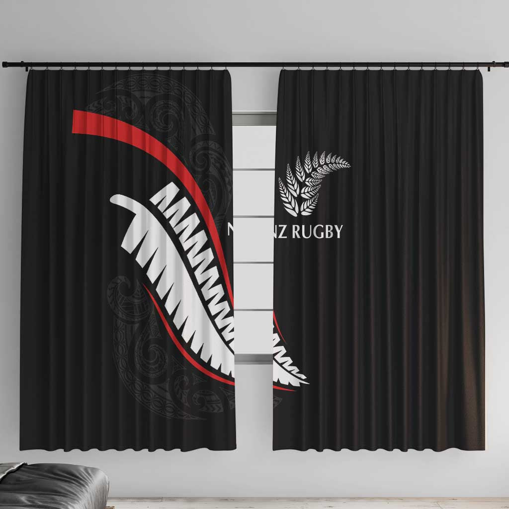 New Zealand Rugby Window Curtain Sporty Silver Fern Shape with Maori Tattoos LT03 With Hooks Black - Polynesian Pride