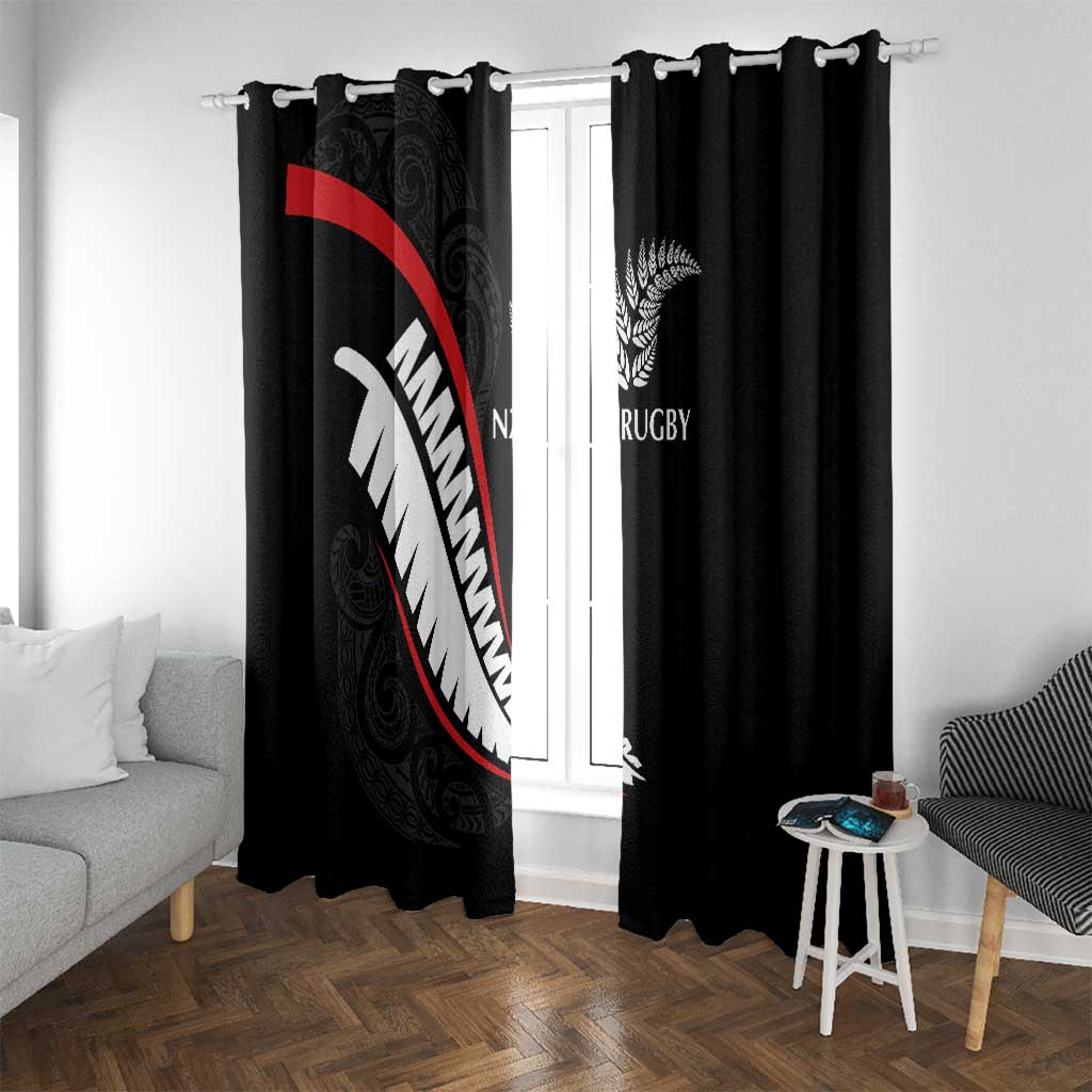 New Zealand Rugby Window Curtain Sporty Silver Fern Shape with Maori Tattoos LT03 With Grommets Black - Polynesian Pride