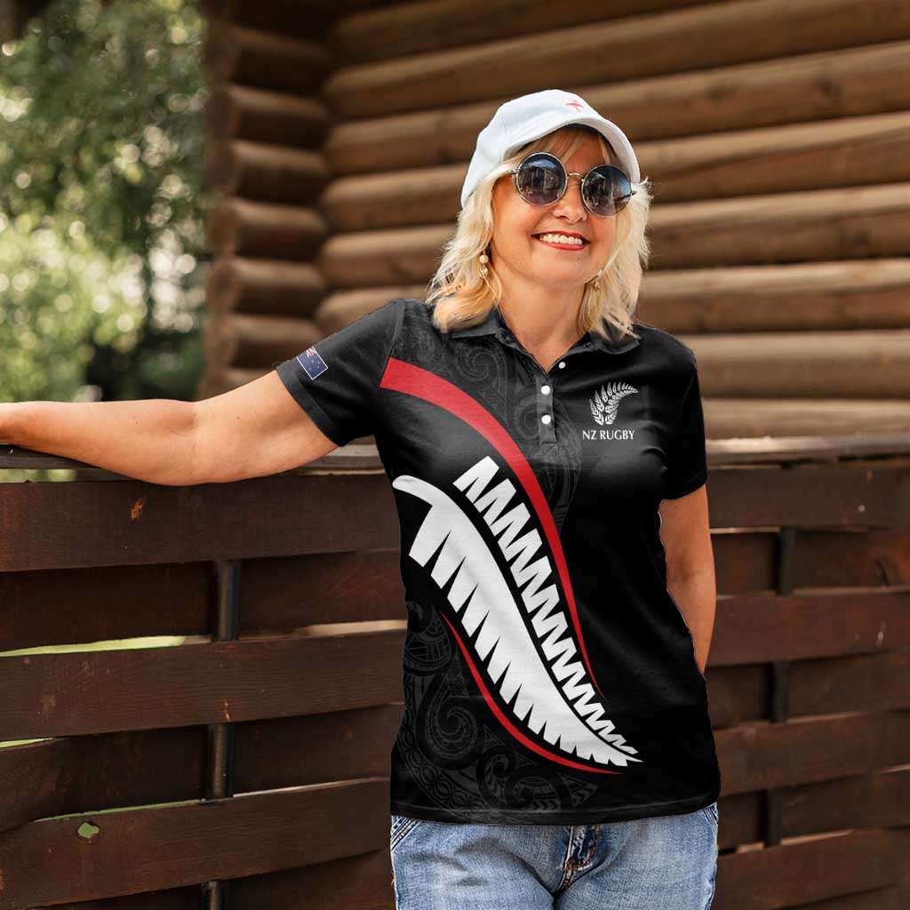 New Zealand Rugby Custom Women Polo Shirt Sporty Silver Fern Shape with Maori Tattoos - Polynesian Pride