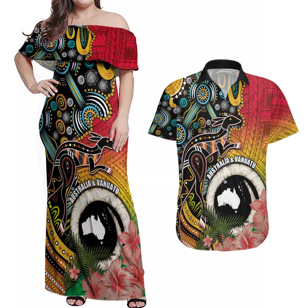 Vanuatu and Australia Together Couples Matching Off Shoulder Maxi Dress and Hawaiian Shirt Kangaroo with Pig Tusk Indigenous Pattern LT03 Black - Polynesian Pride