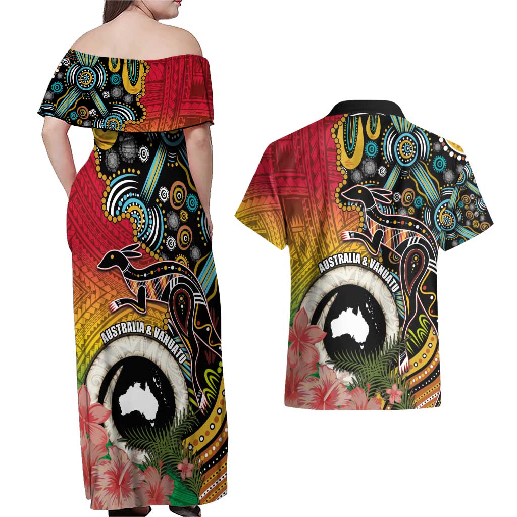 Vanuatu and Australia Together Couples Matching Off Shoulder Maxi Dress and Hawaiian Shirt Kangaroo with Pig Tusk Indigenous Pattern LT03 - Polynesian Pride