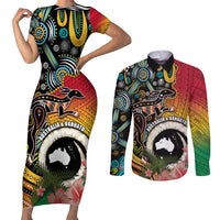 Vanuatu and Australia Together Couples Matching Short Sleeve Bodycon Dress and Long Sleeve Button Shirt Kangaroo with Pig Tusk Indigenous Pattern LT03 Black - Polynesian Pride