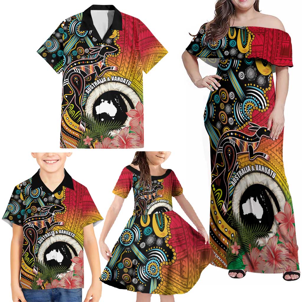 Vanuatu and Australia Together Family Matching Off Shoulder Maxi Dress and Hawaiian Shirt Kangaroo with Pig Tusk Indigenous Pattern LT03 - Polynesian Pride