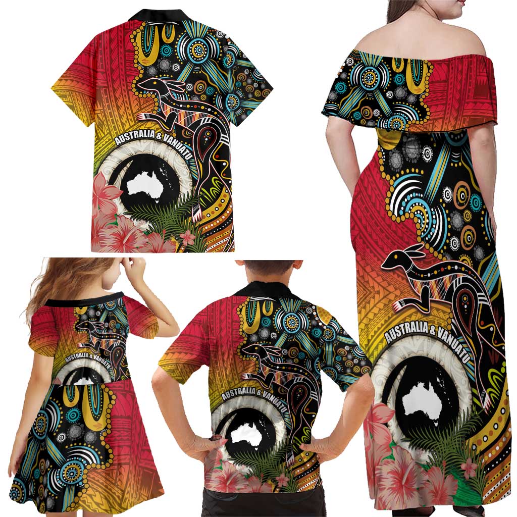 Vanuatu and Australia Together Family Matching Off Shoulder Maxi Dress and Hawaiian Shirt Kangaroo with Pig Tusk Indigenous Pattern LT03 - Polynesian Pride