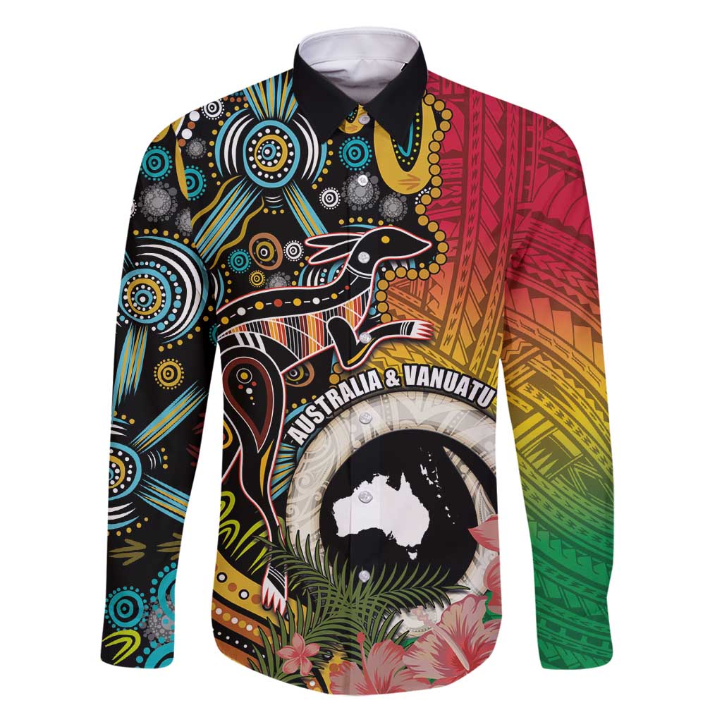 Vanuatu and Australia Together Family Matching Off Shoulder Maxi Dress and Hawaiian Shirt Kangaroo with Pig Tusk Indigenous Pattern LT03 Dad's Shirt - Long Sleeve Black - Polynesian Pride