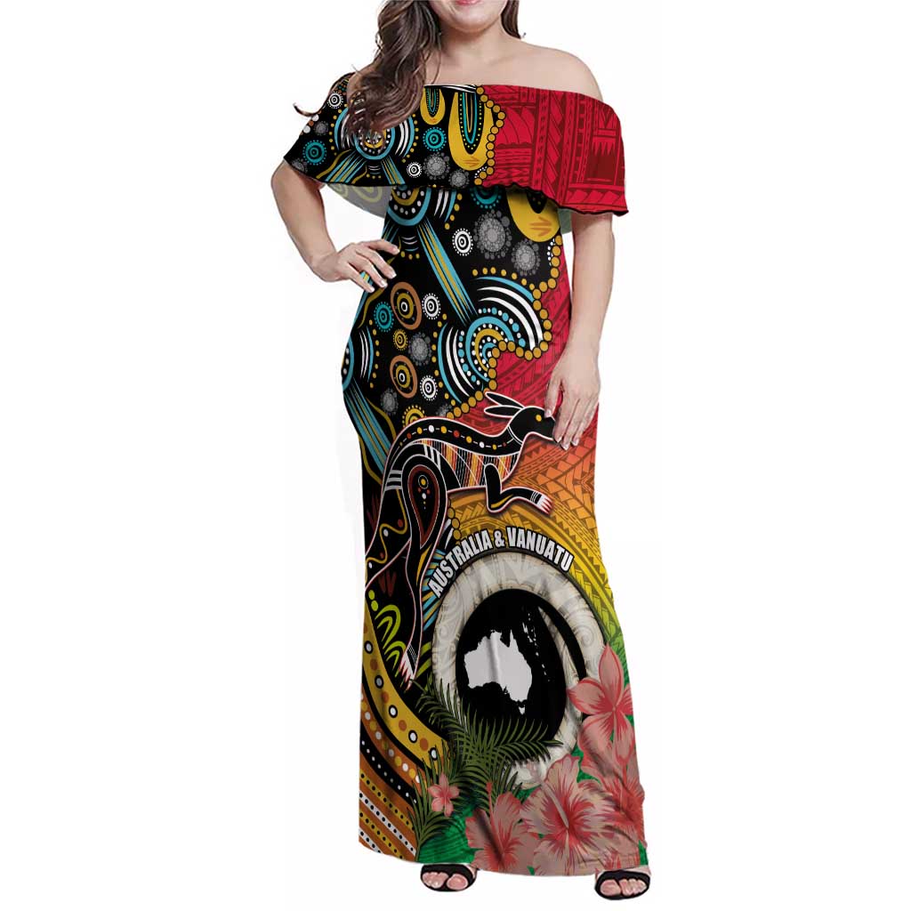 Vanuatu and Australia Together Family Matching Off Shoulder Maxi Dress and Hawaiian Shirt Kangaroo with Pig Tusk Indigenous Pattern LT03 Mom's Dress Black - Polynesian Pride
