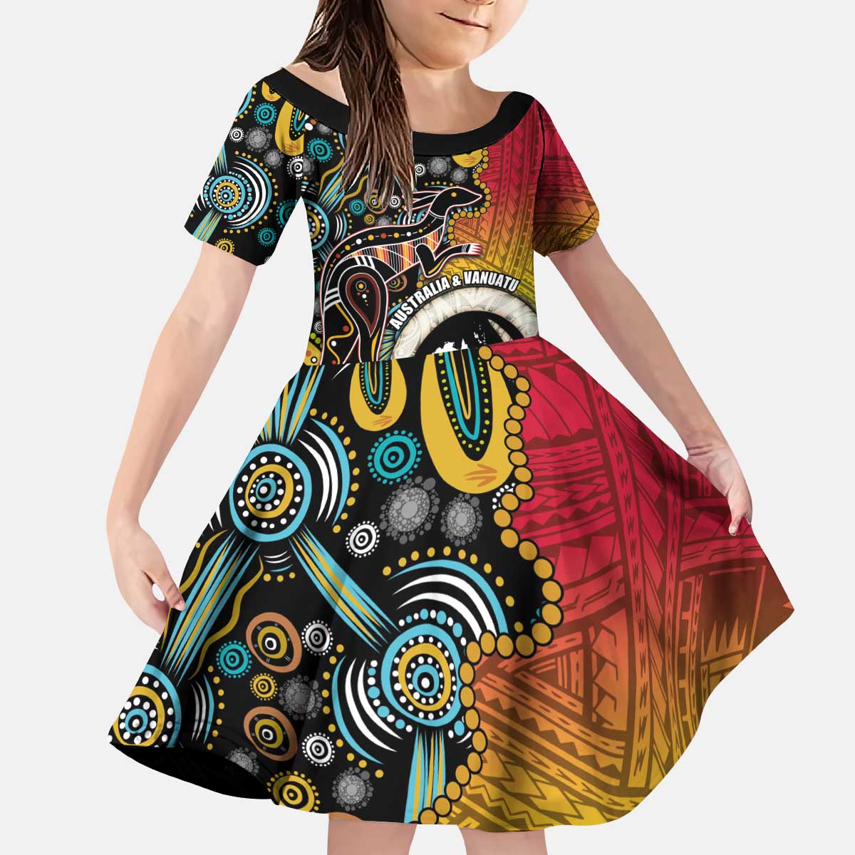 Vanuatu and Australia Together Family Matching Puletasi and Hawaiian Shirt Kangaroo with Pig Tusk Indigenous Pattern LT03 Daughter's Dress Black - Polynesian Pride