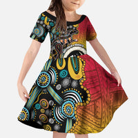 Vanuatu and Australia Together Family Matching Puletasi and Hawaiian Shirt Kangaroo with Pig Tusk Indigenous Pattern LT03 Daughter's Dress Black - Polynesian Pride
