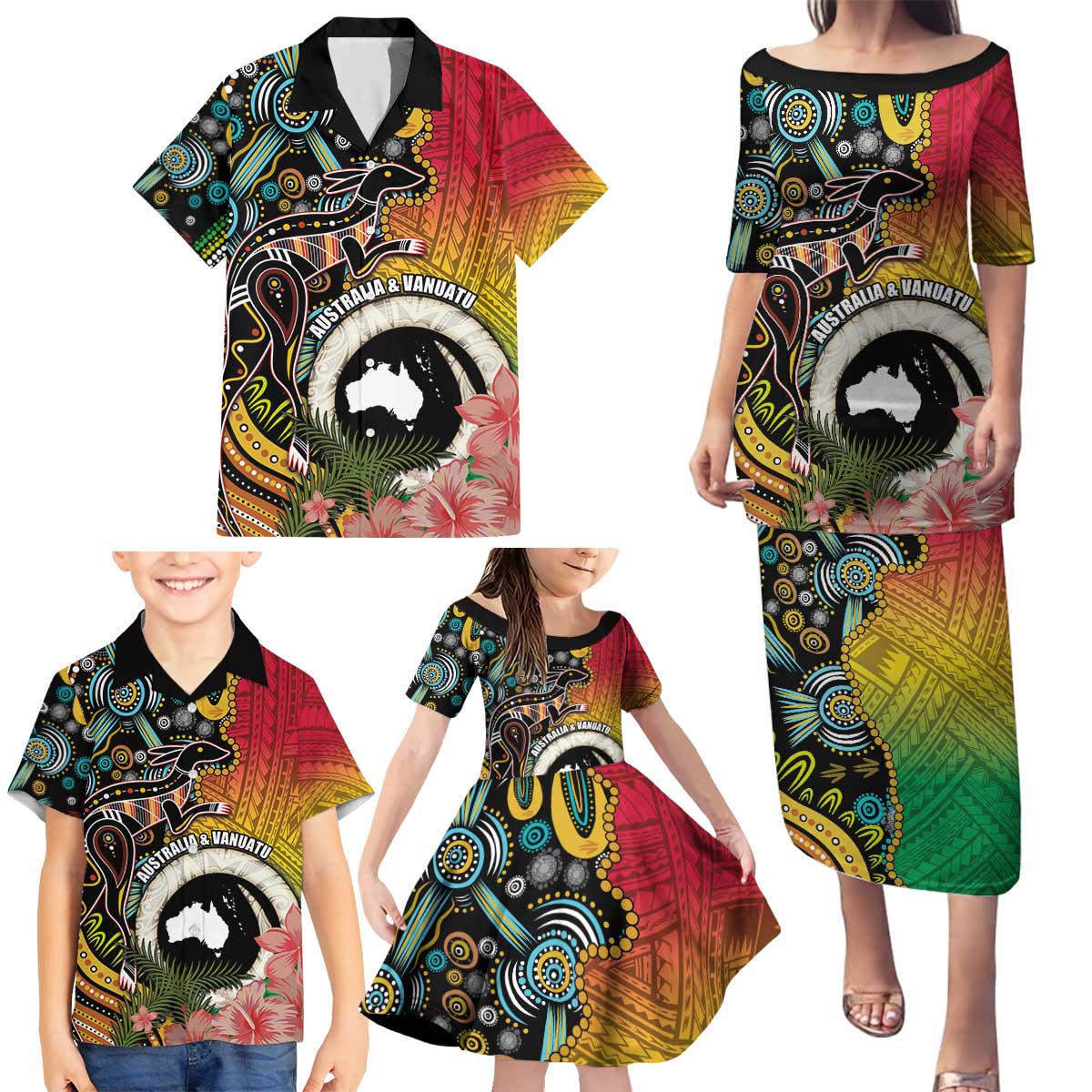 Vanuatu and Australia Together Family Matching Puletasi and Hawaiian Shirt Kangaroo with Pig Tusk Indigenous Pattern LT03 - Polynesian Pride